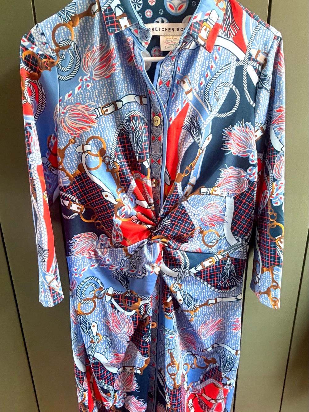 Gretchen Scott Twist & Shout Dress DItto BLue Red Equestrian Large Bridle